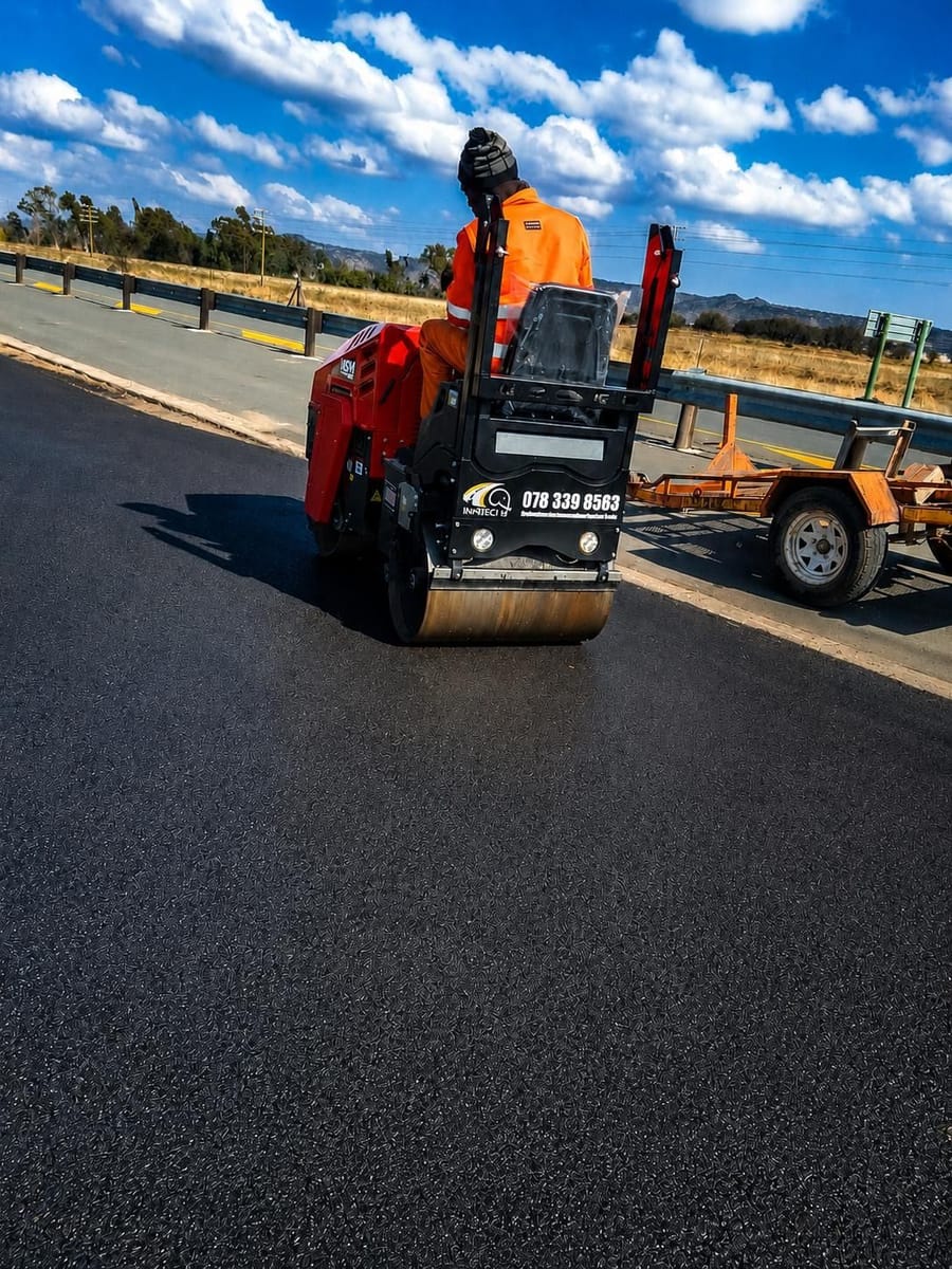 Road roller compacting fresh asphalt