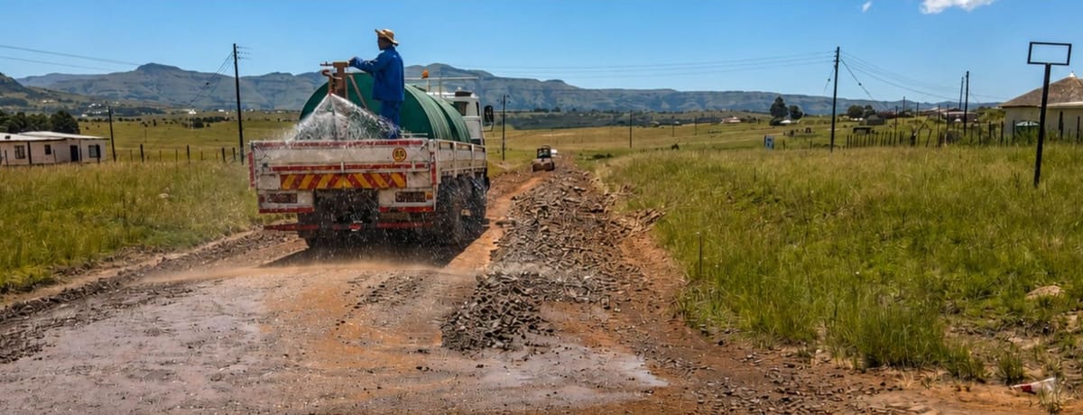 Water tanker wetting a gravel road during regravelling works